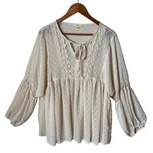 Easel Boho Lace Swiss Dot Blouse Size L Flowy Babydoll Top Romantic Coachella